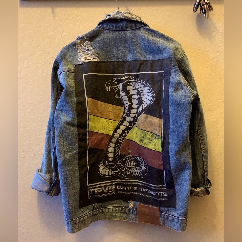 Women's The People VS Blue Denim Jacket Size Small Indie Grunge Cobra Back Patch